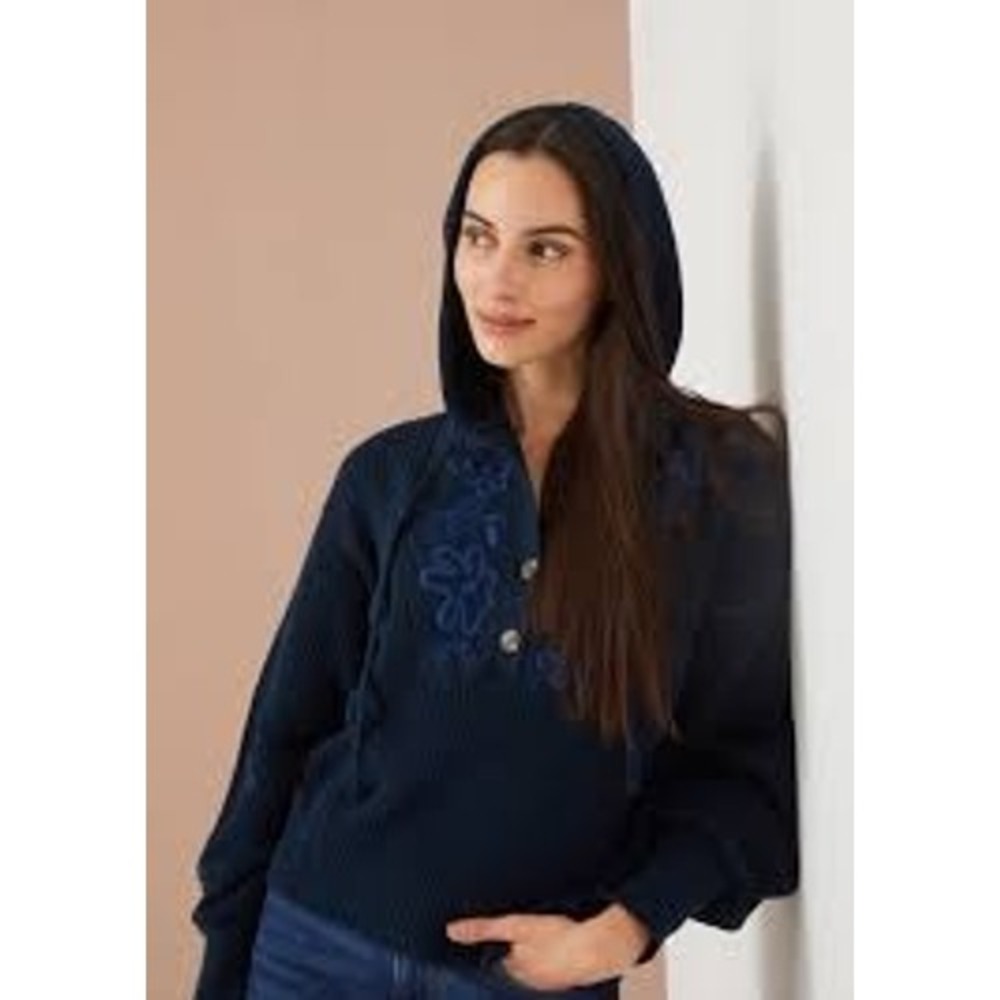 Alivia Francie Navy Organic Cotton Embroidered Henley Knit Hoodie Sweater M